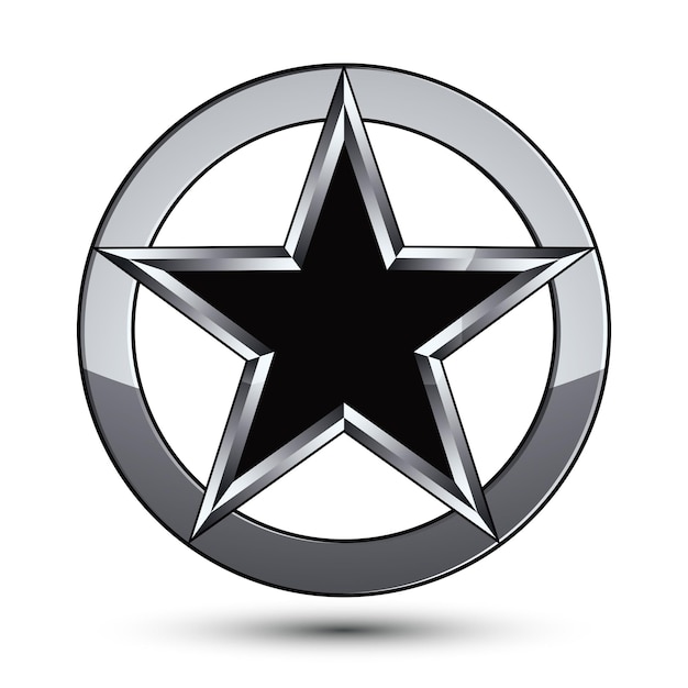 Símbolo geométrico redondeado plateado de marca, estrella negra pentagonal estilizada colocada en un anillo plateado, ideal para uso en diseño web y gráfico. Icono de vector pulido aislado sobre fondo blanco.