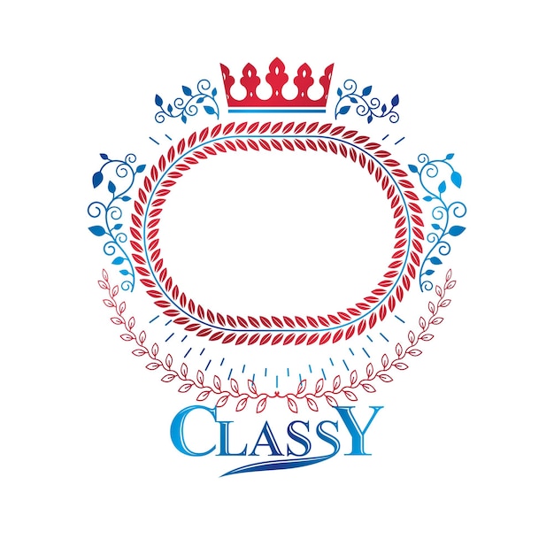 Símbolo gráfico alado compuesto por elemento de corona real y motivos florales. Logotipo decorativo del escudo de armas heráldico aislado ilustración vectorial.