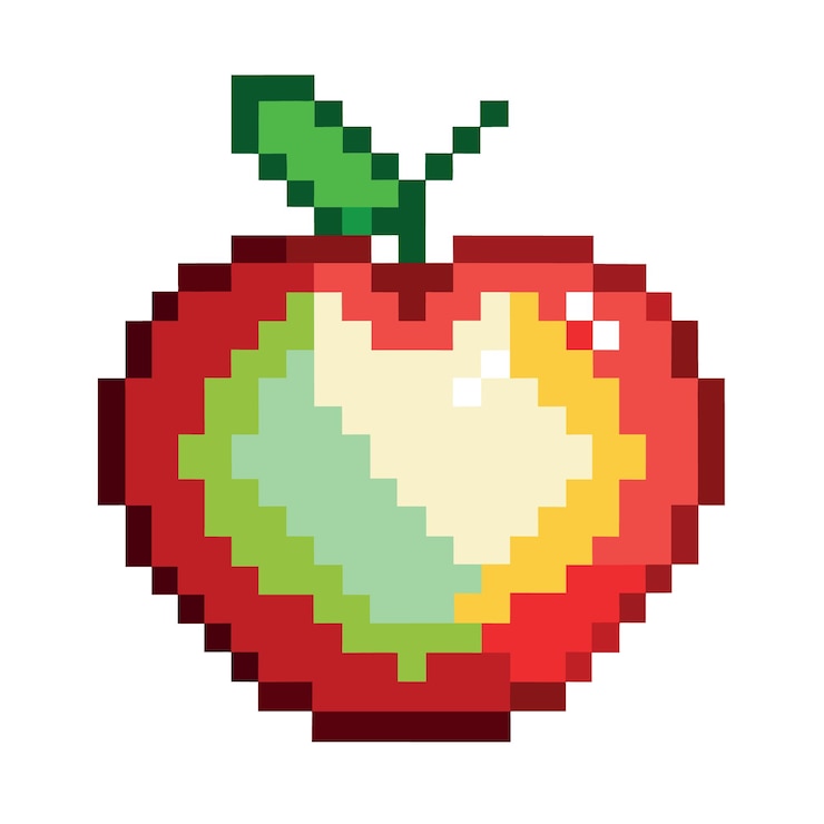 Vector símbolo gráfico de píxeles minimalista del núcleo de la manzana objeto vectorial de arte aislado estilo de juego de 8 bits
