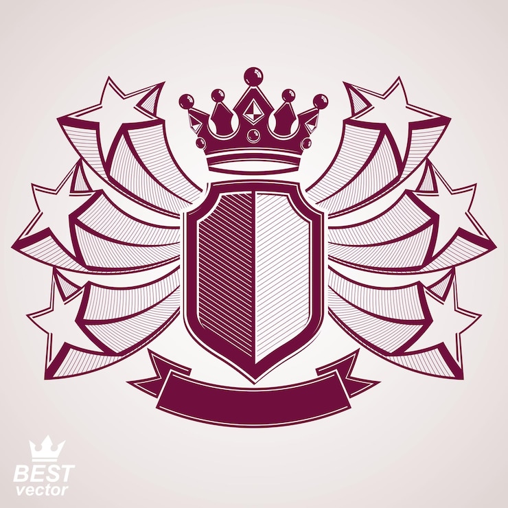 Vector símbolo gráfico vectorial estilizado imperio. escudo con estrellas voladoras 3d y corona imperial. borrar escudo de armas eps8: idea de seguridad. corona elegante, icono del diseño web.
