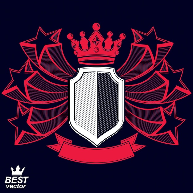 Símbolo gráfico vectorial estilizado real. Escudo con estrellas 3d y cinta roja decorativa. Borrar escudo de armas eps8: idea militar y de protección.