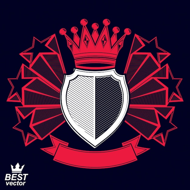 Símbolo gráfico vectorial estilizado real. Escudo con estrellas 3d y cinta roja decorativa. Borrar escudo de armas eps8: idea militar y de protección.