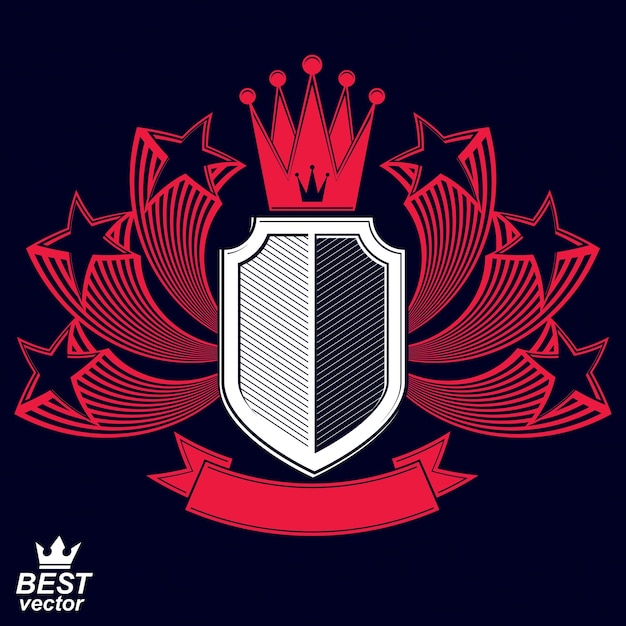 Símbolo gráfico vectorial estilizado real. Escudo con estrellas 3d y cinta roja decorativa. Borrar escudo de armas eps8: idea militar y de protección.