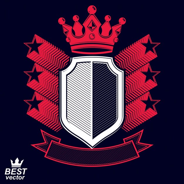 Símbolo gráfico vectorial estilizado real. Escudo con estrellas 3d y cinta roja decorativa. Borrar escudo de armas eps8: idea militar y de protección.