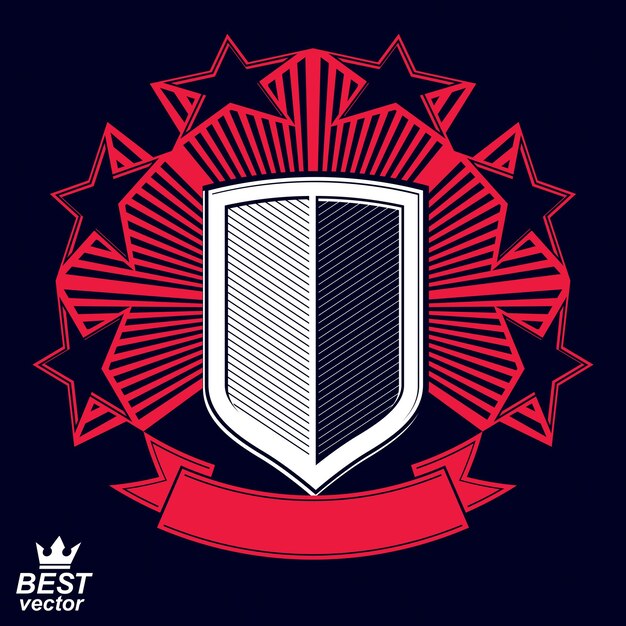 Vector símbolo gráfico vectorial estilizado real. escudo con estrellas 3d y cinta roja decorativa. borrar escudo de armas eps8: idea militar y de protección.