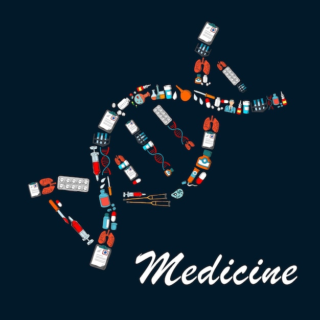 Símbolo de hélice de ADN compuesto por iconos de bocetos médicos