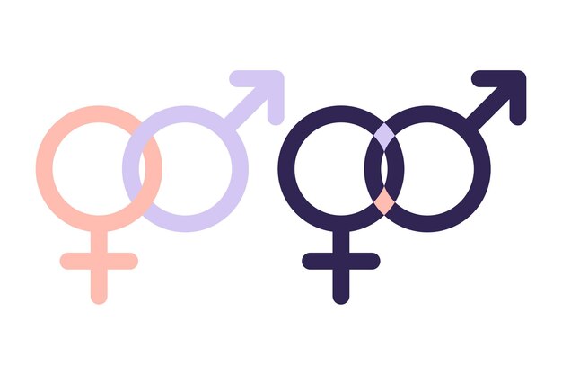 Símbolo de hombres y mujeres. Símbolo de igualdad de género. Las mujeres y los hombres deberían tener siempre las mismas oportunidades. Ilustración vectorial. Plano.