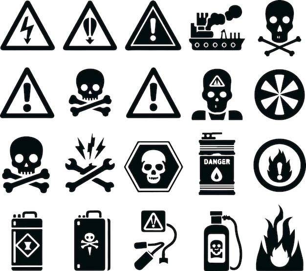 Símbolo icónico Icono de peligro Conjunto de silueta vectorial llena de negro en fondo blanco aislado