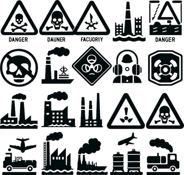 Símbolo icónico Icono de peligro Conjunto de silueta vectorial llena de negro en fondo blanco aislado