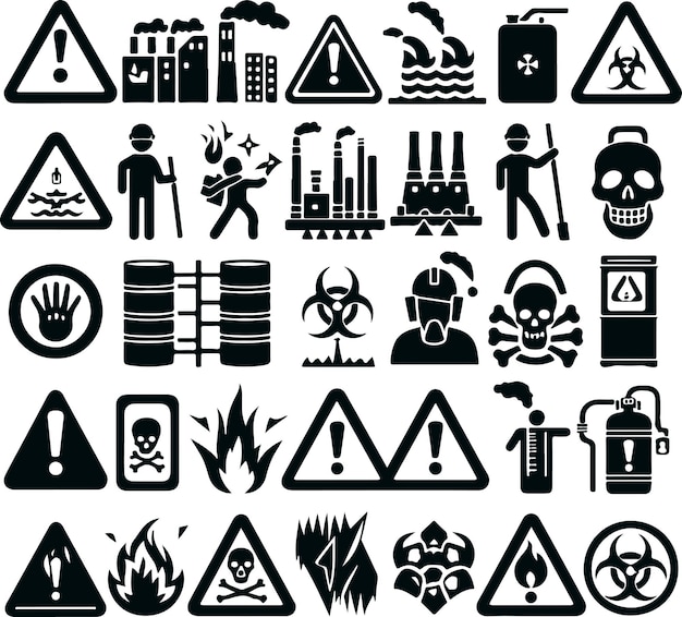 Símbolo icónico Icono de peligro Conjunto de silueta vectorial llena de negro en fondo blanco aislado