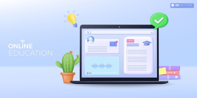 Símbolo de icono de educación en línea 3D Noteook pilas de computadoras de libros cactus burbuja de habla aplicación de curso en línea concepto de aprendizaje electrónico 3D vector ilustración aislada pastel de dibujos animados estilo minimalista