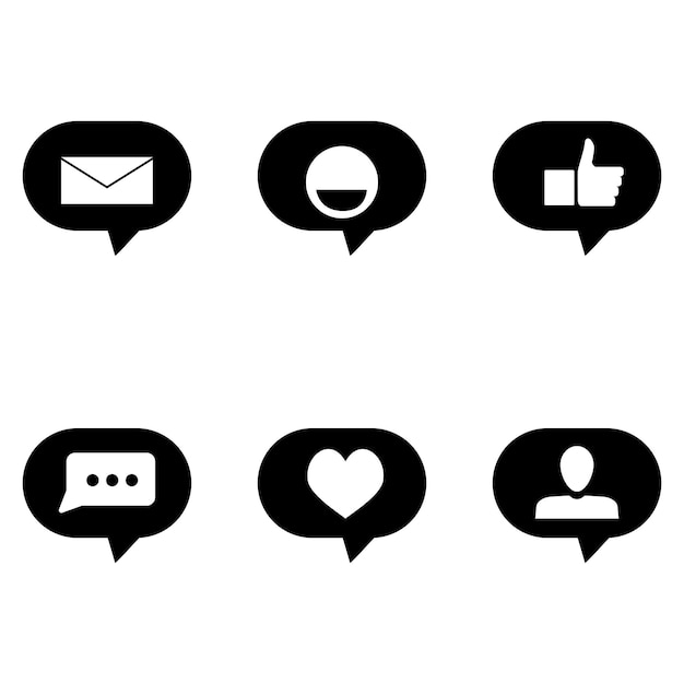 Vector símbolo de icono para las redes sociales como bocadillo de diálogo envolvente y sonrisa pulgar hacia arriba y corazón estilo blanco negro