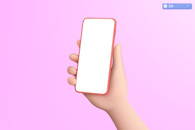 Símbolo de icono de teléfono móvil en 3D con la mano Un teléfono inteligente realista con pantalla vacía Maqueta de teléfono Diseño de plantilla de dispositivo móvil editable Concepto de ilustración aislada vectorial 3D Pastel de dibujos animados Estilo minimalista