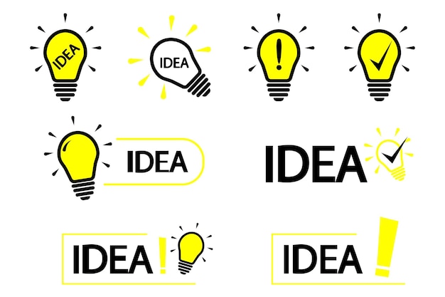 Símbolo de la idea. Conjunto de bombillas con letras Idea. Símbolo de solución, icono de lámpara, idea. Ilustración de vector de estilo plano aislado sobre fondo blanco.