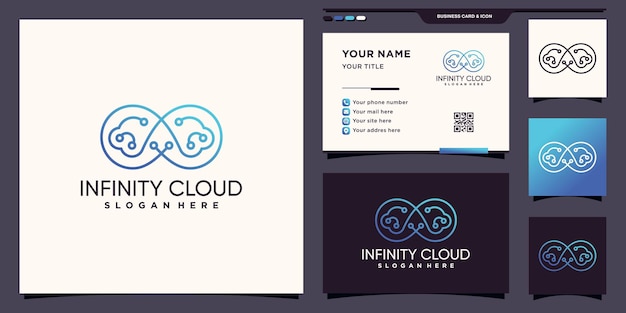 Símbolo del infinito y tecnología de logotipo en la nube con arte lineal y diseño de tarjeta de visita vector premium