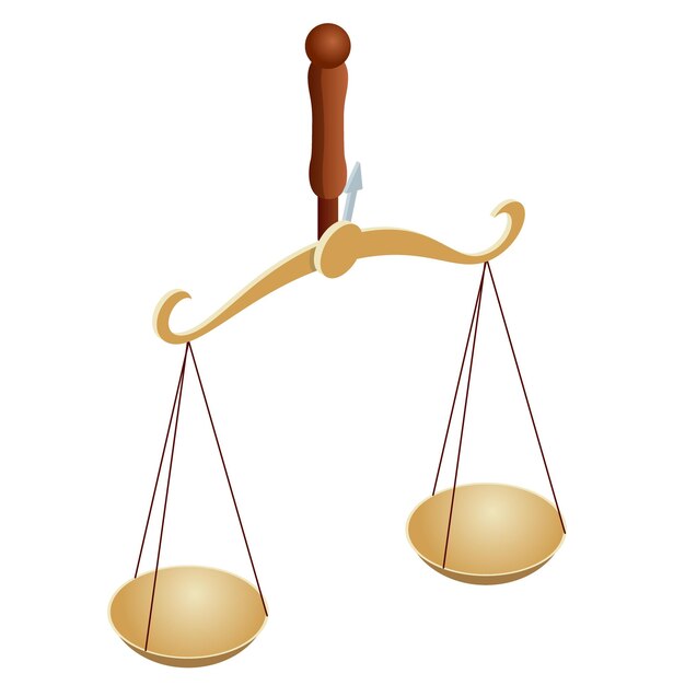 Vector símbolo isométrico de derecho y justicia derecho y justicia jurisprudencia legal libra cuencos de balanzas en equilibrio un desequilibrio de balanzas