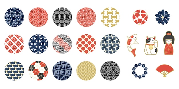 Símbolo japonés Tradición Japón impresión Diseño de iconos de patrón redondo Marco de decoración de linterna Ornamento de cuadrícula de oro de flor abstracta Conjunto de señales orientales fondos vectoriales modernos