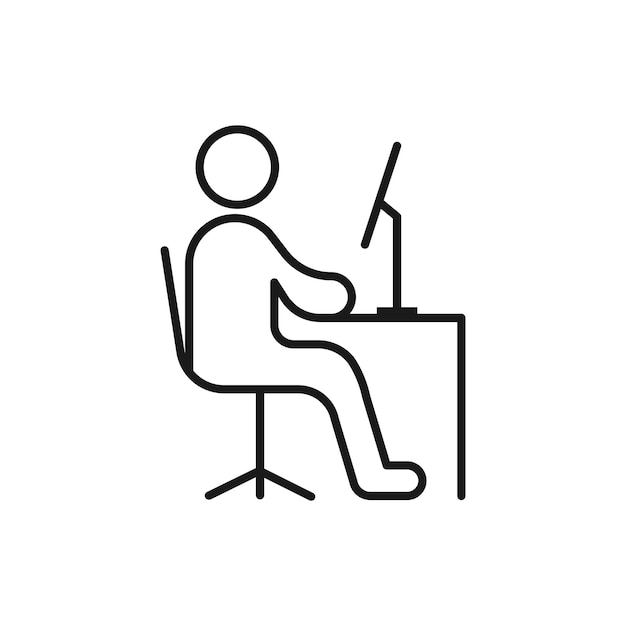 Símbolo de línea de trabajo remoto Trabajador Hombre en el escritorio Diseñador Icono de freelancer en estilo de esquema Desde el conjunto Iconos de coworking y lugar de trabajo o espacio de trabajo Pictograma vectorial personalizado Trazo editable
