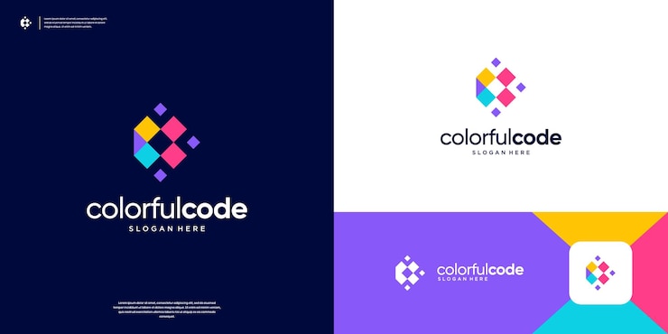 Vector símbolo del logotipo de programación geométrica plantilla de diseño de logotipo de tecnología de codificación de colores
