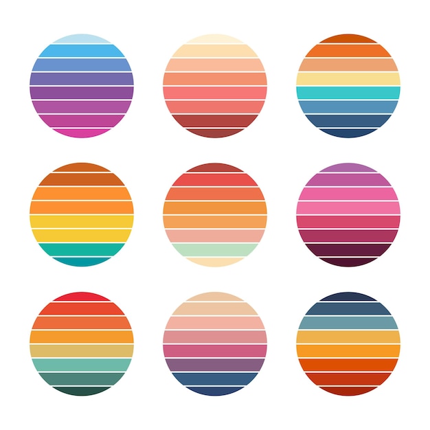 Símbolo del logotipo retro de puesta de sol Rondo resumen fondo del emblema vintage Iconos de insignia retro del sol en círculos