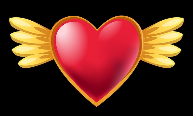 Símbolo mágico Corazón brillante rojo con alas doradas pluma Ícono de amor volador Fiestas de San Valentín Romancio y pasión Signo de amor Ángel Cupido Elemento de tatuaje Vector pegatina romántica