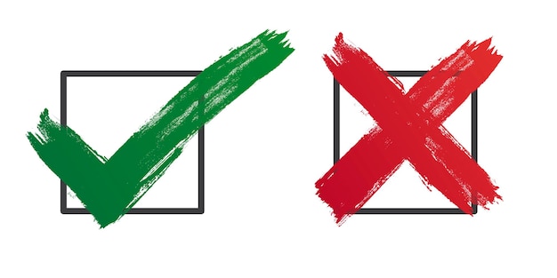 Símbolo de marca de verificación marque el botón SÍ NO Grunge sucio dibujado a mano con pinceladas marque v ilustración vectorial aislada en fondo blanco Marque el diseño gráfico para votar en la casilla de verificación web, etc.