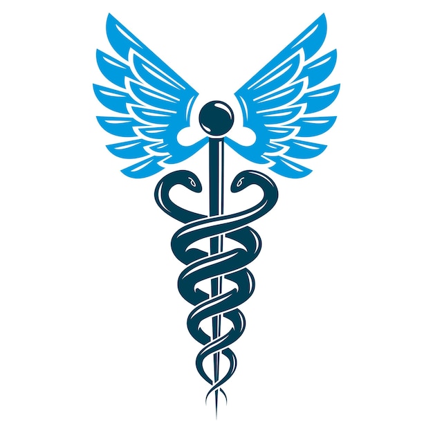 Símbolo médico de caduceo, emblema de vector gráfico creado con alas y serpientes.