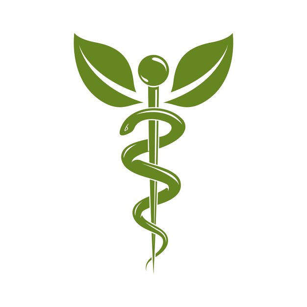 Vector símbolo médico de caduceo, emblema de vector gráfico para uso en atención médica. metáfora de la fitoterapia.