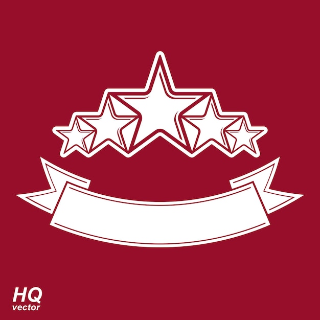 Símbolo de monarca vectorial. Emblema gráfico festivo con cinco estrellas pentagonales y cinta con curvas - plantilla eps8 decorativa de lujo. Icono de marca corporativa, elemento de diseño de tema de concepto de éxito.