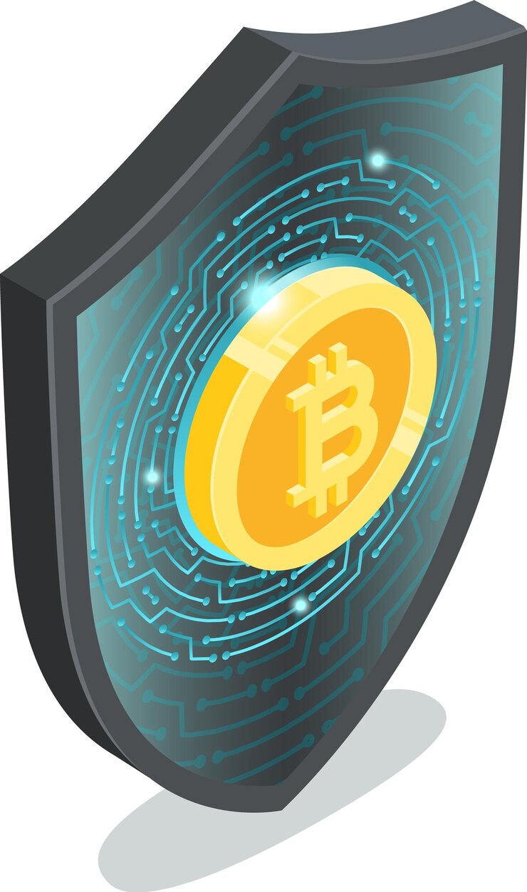 Vector símbolo de moneda digital de bitcoin en un escudo con circuito electrónico que representa una inversión segura en criptomonedas y protección contra amenazas en línea