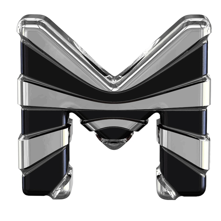Vector símbolo negro con tiras plateadas letra m