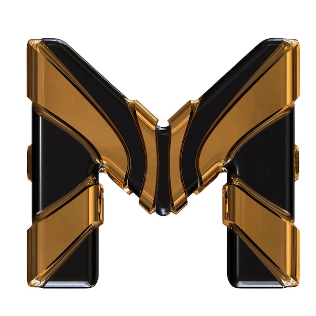 Símbolo negro con tiras verticales doradas letra m
