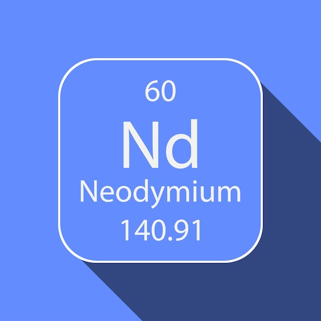 Vector símbolo de neodimio con diseño de sombra larga elemento químico de la tabla periódica ilustración vectorial