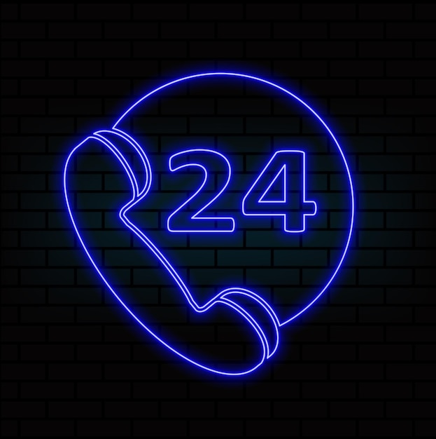 Símbolo de neón de 24 horas en fondo oscuro azul