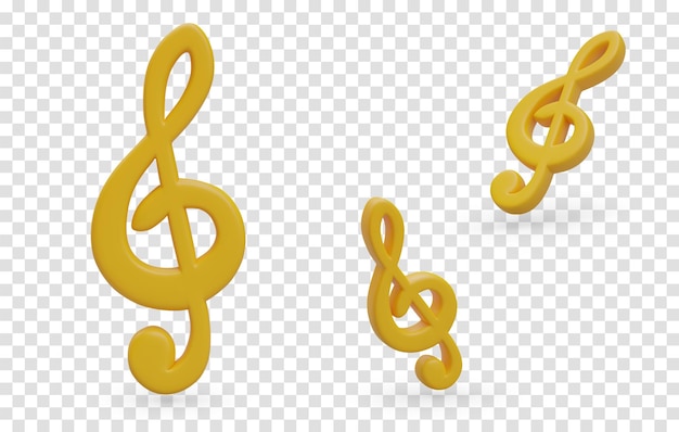 Símbolo de nota musical de clave de sol amarilla 3D para indicar partes de diversos instrumentos