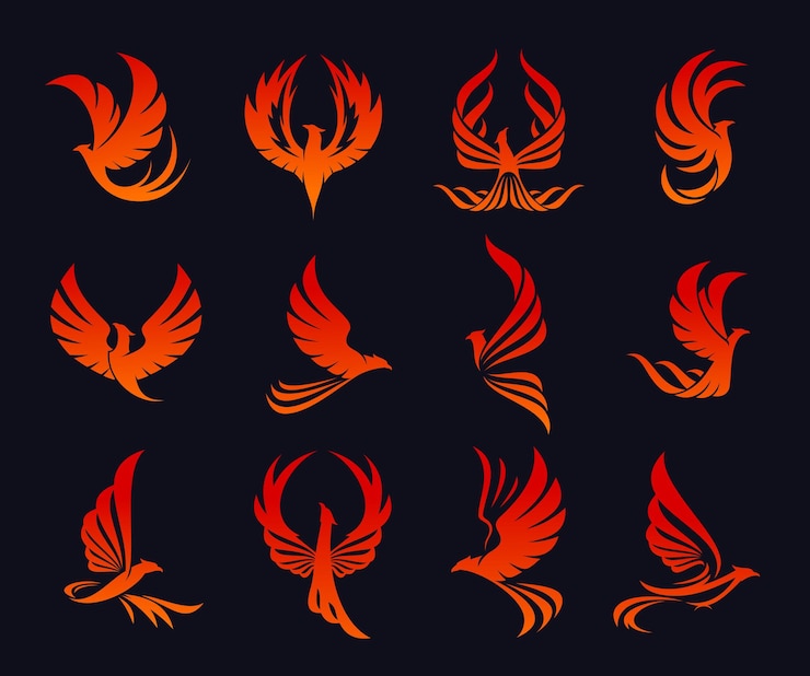 Vector símbolo o emblema del pájaro fénix infinito y libertad símbolo de animal mágico concepto de creatividad o empresa de negocios signo o emblema vectorial del pájaro fantasía fénix gráfico tatuaje rojo o conjunto de iconos