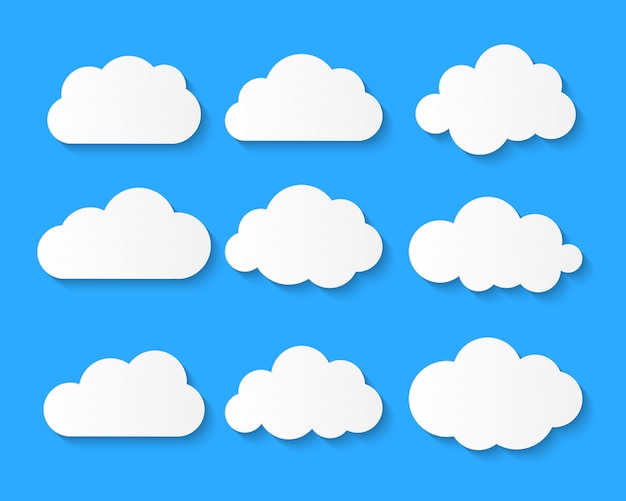 Vector el símbolo o el logotipo en blanco blanco de la nube, globo de pensamiento fijó en fondo azul.