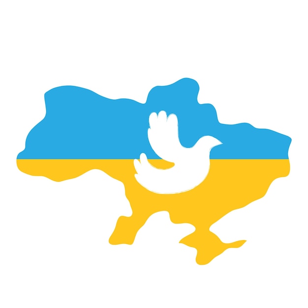 Símbolo de la paz paloma blanca en el mapa de Ucrania en colores de la bandera ucraniana Vector ilustración plana aislada sobre fondo blanco