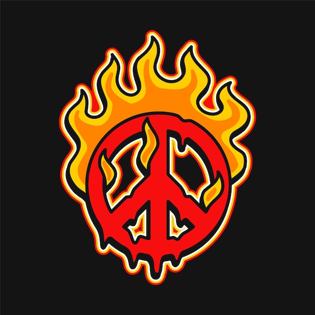 Símbolo de paz quemado en camiseta de fuego estampado Diseño de logotipo de ilustración gráfica de dibujos animados vectoriales Impresión de fuego de paz psicodélico Trippy para concepto de postertshirtlogo