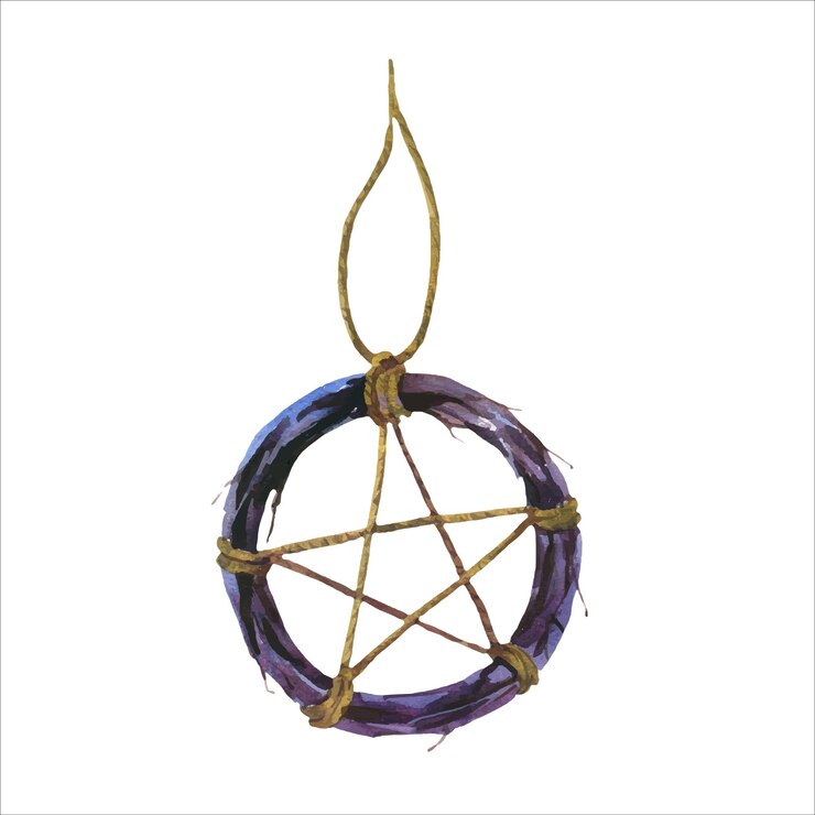 Vector símbolo de pentagrama hecho de látigo en círculo de ramas conectadas por hilos brujería magia oculta y