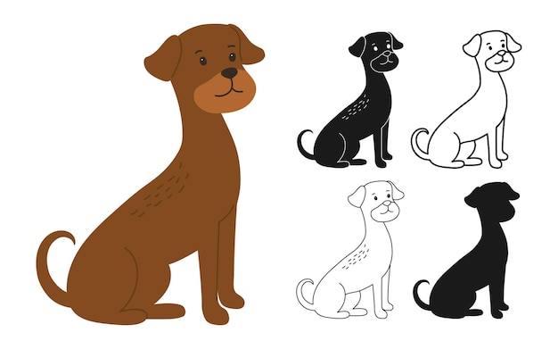 Símbolo de perro silueta ilustración de dibujos animados conjunto amistoso lindo lineal doodle terrier icono vectorial de mascotas