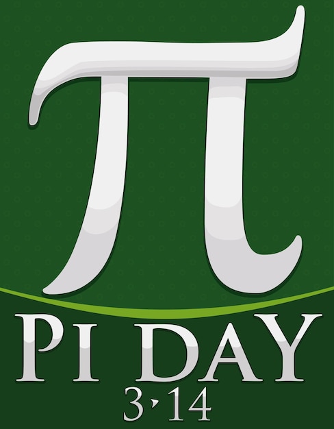Símbolo de pi plateado sobre fondo verde y patrón punteado para el Día de Pi el 14 de marzo