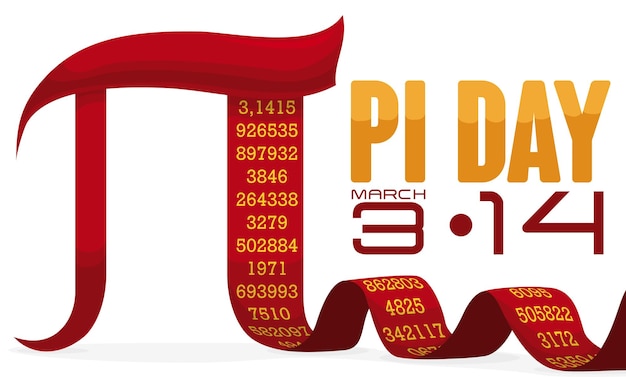 Símbolo de pi rojo como una cinta con su largo valor numérico y fecha de recordatorio para el Día de Pi el 14 de marzo