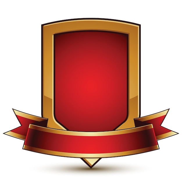 Vector símbolo de protección estilizado vectorial dorado con banda ondulada glamorosa roja, insignia clear eps 8, aislado en fondo blanco. escudo simbólico, ideal para uso en diseño web y gráfico. objeto glorioso con