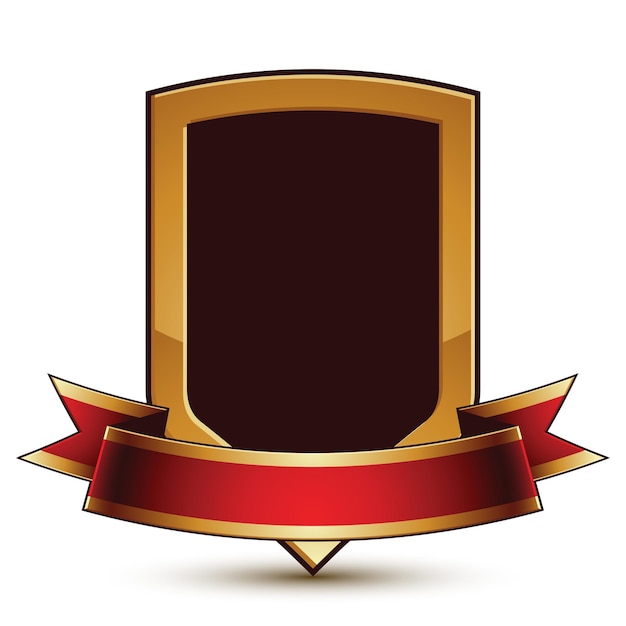 Símbolo de protección estilizado vectorial dorado con banda ondulada glamorosa roja, insignia Clear EPS 8, aislado en fondo blanco. Escudo simbólico, ideal para uso en diseño web y gráfico. Objeto glorioso con