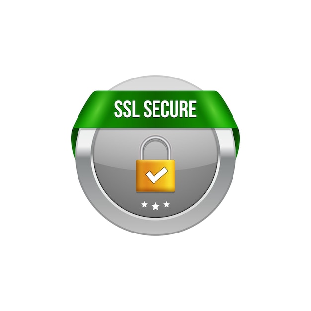 Símbolo de protección segura SSL. Botón de transacción de seguridad SSL con cinta. Icono de diseño de guardia de bloqueo.