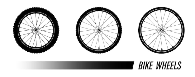 Símbolo de rueda de bicicleta con diferente banda de rodadura Válvula de neumático de montaña de goma de bicicleta Clases activas de deportes extremos Vector blanco y negro