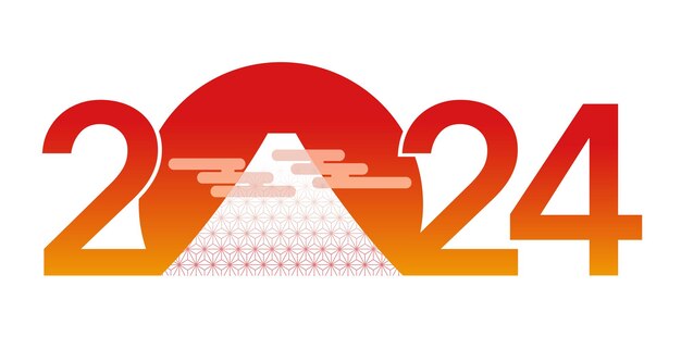 El símbolo de saludo de año nuevo vectorial del año 2024 con el monte Fuji en el primer amanecer