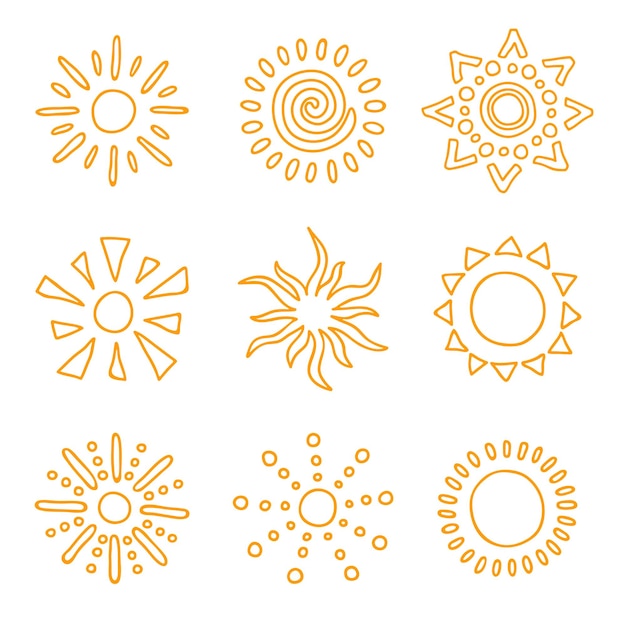 Símbolo de sol abstracto dibujado a mano Conjunto de garabates de verano Elementos vectoriales para el diseño