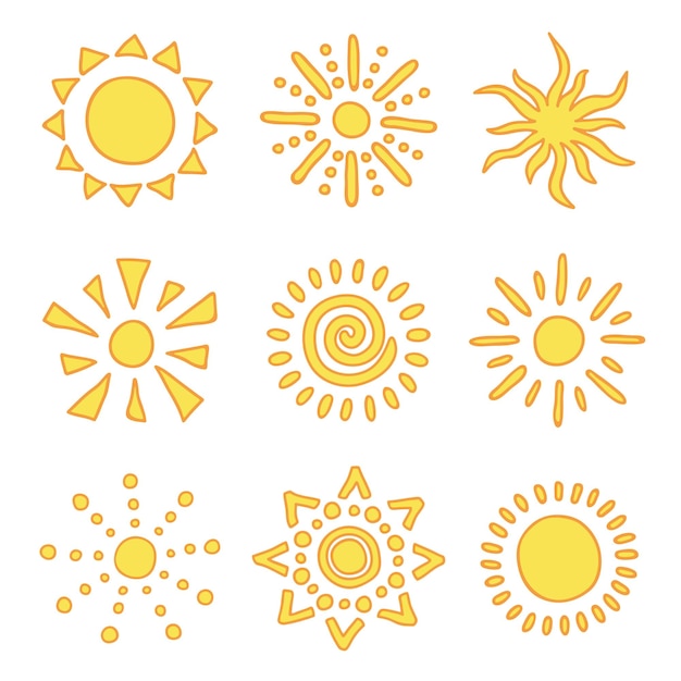 Símbolo de sol abstracto dibujado a mano Conjunto de garabates de verano Elementos vectoriales para el diseño